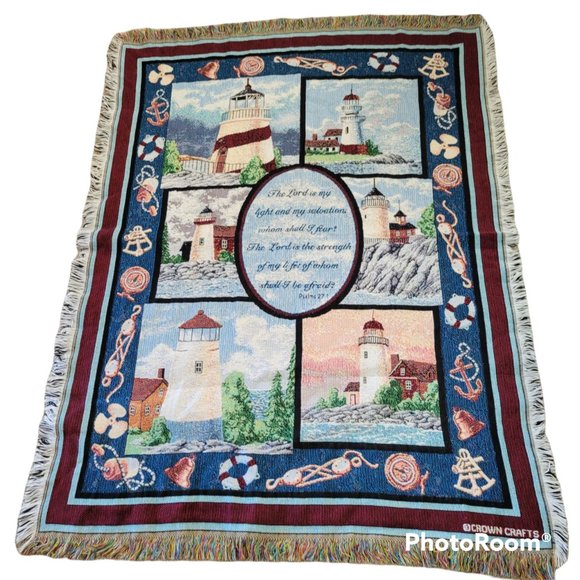 Goodwin Weavers Lighthouse Tapestry Throw Blanket 64" x 45" Psalm 24.1 VTG - Picture 1 of 5